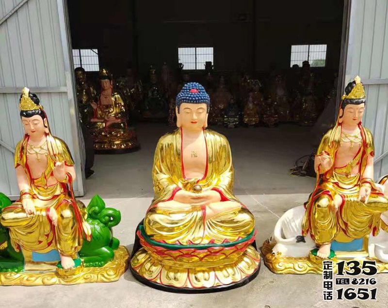 玻璃鋼彩繪噴金烤漆打坐的文殊普賢雕塑 玻璃鋼彩繪噴金烤漆打坐的文殊普賢雕塑